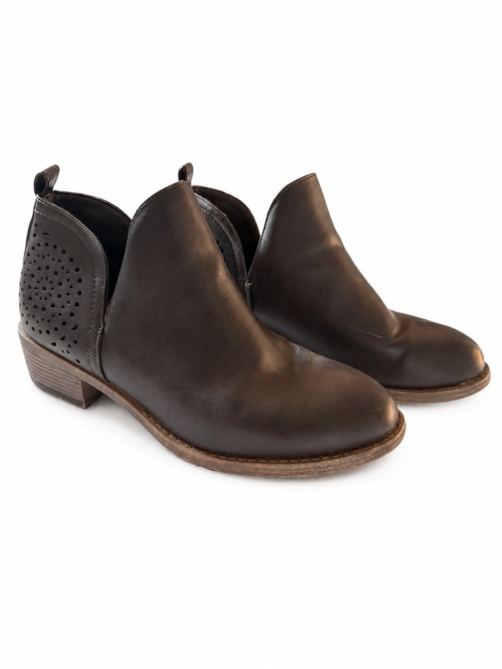 Vepose Women's Brown Leather Cutout Ankle Booties with Memoryfoam